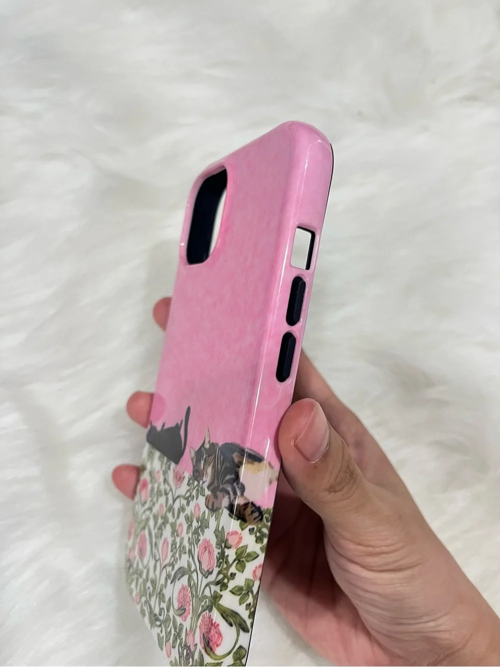 Whimsical Pink Cat Pattern Phone Case with Floral Accent